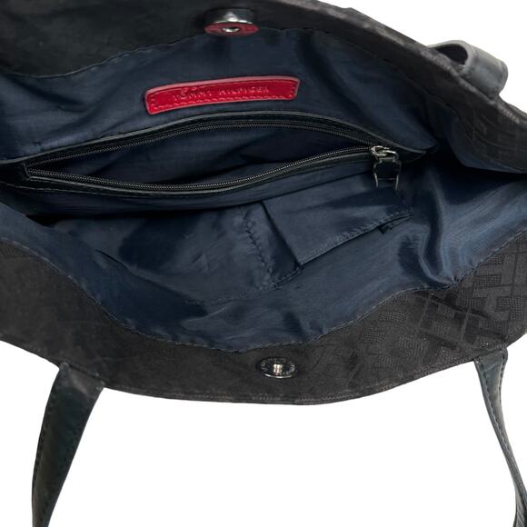 Tommy Hilfiger Tote Black Fabric Bag Allover Monogram Pockets Preppy Shopper - Picture 8 of 15